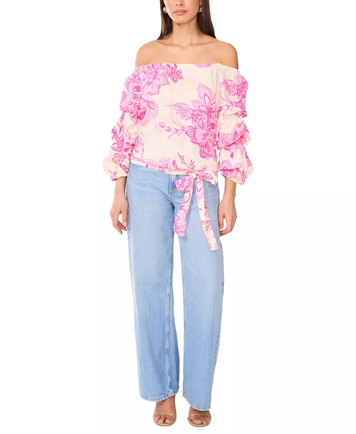 Vince Camuto Women's Floral Linen-Blend Off-The-Shoulder Bubble 3/4-Sleeve Tie-Front Blouse Women's Fashion Shoes & Accessories