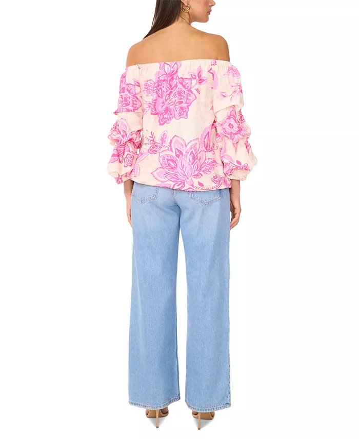 Vince Camuto Women's Floral Linen-Blend Off-The-Shoulder Bubble 3/4-Sleeve Tie-Front Blouse Women's Fashion Shoes & Accessories