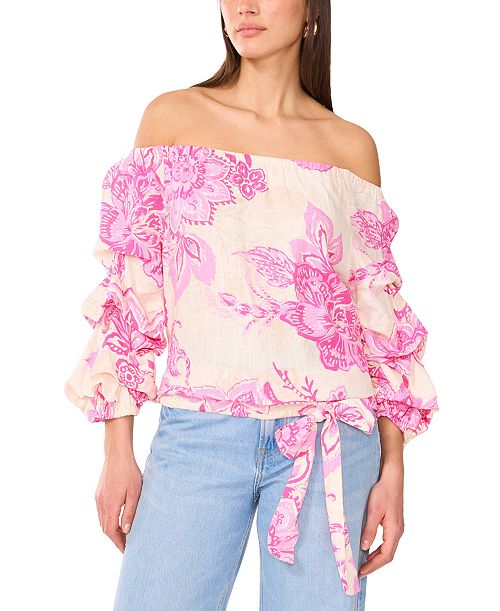 Vince Camuto Women's Floral Linen-Blend Off-The-Shoulder Bubble 3/4-Sleeve Tie-Front Blouse Women's Fashion Shoes & Accessories