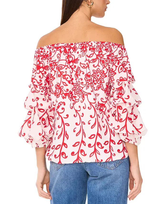 Vince Camuto Women's Floral Off The Shoulder Bubble Sleeve Tie Front Blouse Women's Fashion Shoes & Accessories