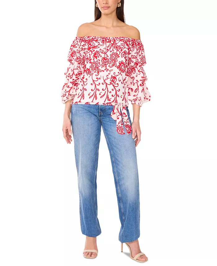 Vince Camuto Women's Floral Off The Shoulder Bubble Sleeve Tie Front Blouse Women's Fashion Shoes & Accessories