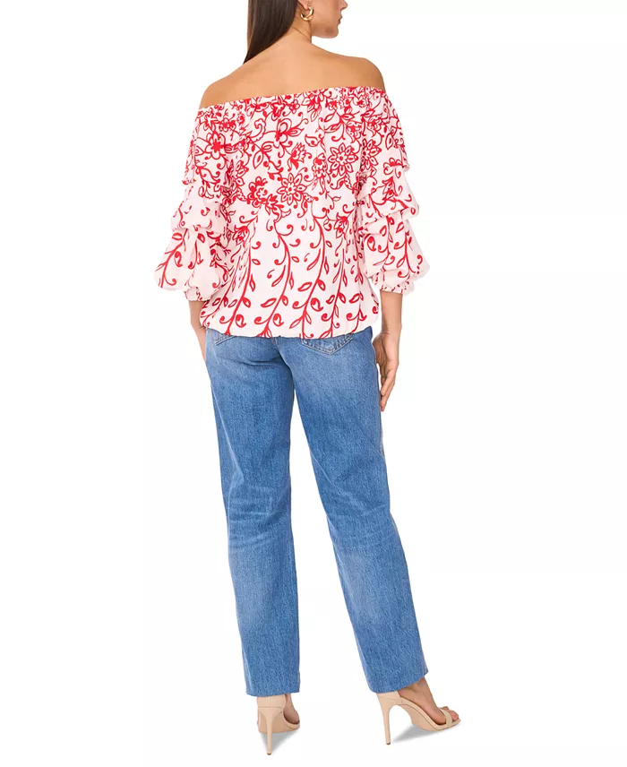Vince Camuto Women's Floral Off The Shoulder Bubble Sleeve Tie Front Blouse Women's Fashion Shoes & Accessories