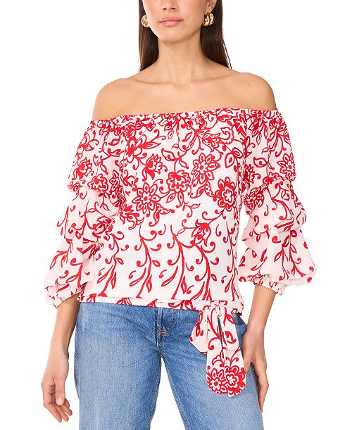 Vince Camuto Women's Floral Off The Shoulder Bubble Sleeve Tie Front Blouse Women's Fashion Shoes & Accessories