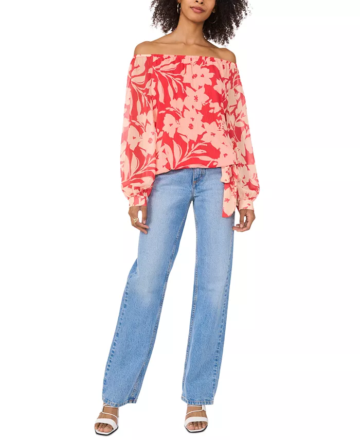 Vince Camuto Women's Floral Off-The-Shoulder Long-Sleeve Tie-Front Blouse Women's Fashion Shoes & Accessories
