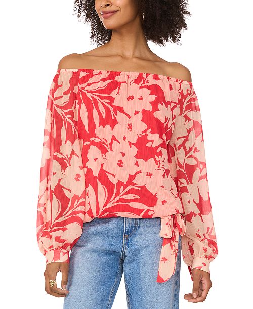 Vince Camuto Women's Floral Off-The-Shoulder Long-Sleeve Tie-Front Blouse Women's Fashion Shoes & Accessories