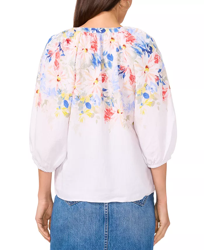 Vince Camuto Women's Floral-Print 3/4-Sleeve Split-Neck Top Women's Fashion Shoes & Accessories