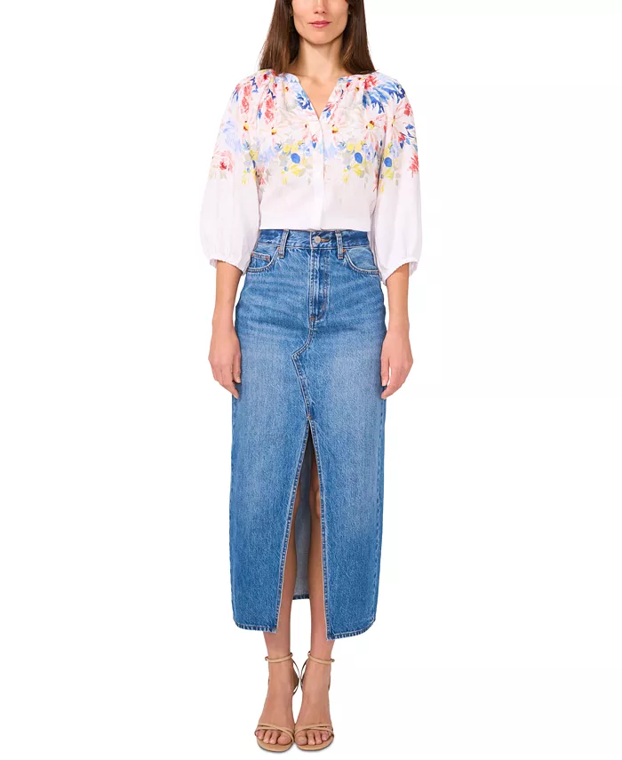 Vince Camuto Women's Floral-Print 3/4-Sleeve Split-Neck Top Women's Fashion Shoes & Accessories