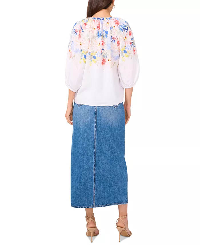 Vince Camuto Women's Floral-Print 3/4-Sleeve Split-Neck Top Women's Fashion Shoes & Accessories