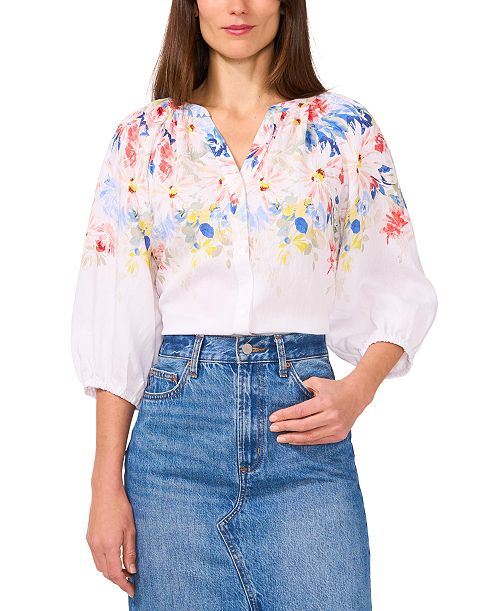 Vince Camuto Women's Floral-Print 3/4-Sleeve Split-Neck Top Women's Fashion Shoes & Accessories