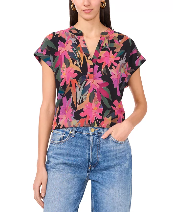 Vince Camuto Women's Floral-Print Cap-Sleeve Top Women's Fashion Shoes & Accessories