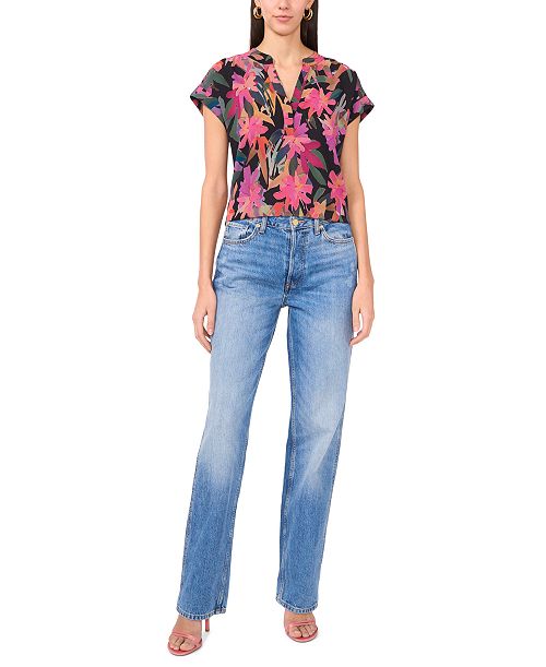Vince Camuto Women's Floral-Print Cap-Sleeve Top Women's Fashion Shoes & Accessories