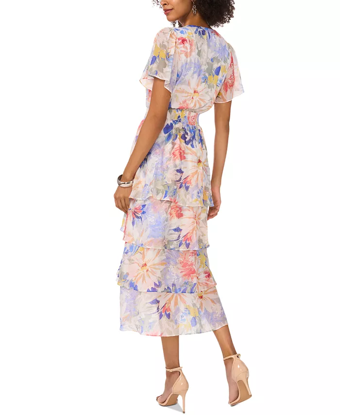 Vince Camuto Women's Floral-Print Flutter-Sleeve Tiered Midi Dress Women's Fashion Shoes & Accessories