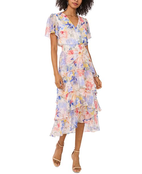 Vince Camuto Women's Floral-Print Flutter-Sleeve Tiered Midi Dress Women's Fashion Shoes & Accessories
