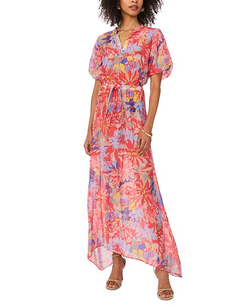 Vince Camuto Women's Floral-Print Puff Sleeve Maxi Dress Women's Fashion Shoes & Accessories