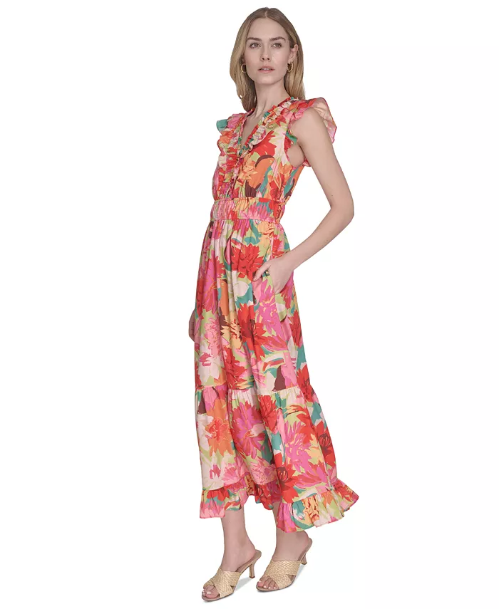 Vince Camuto Women's Floral-Print Ruffled-Shoulder Dress Women's Fashion Shoes & Accessories
