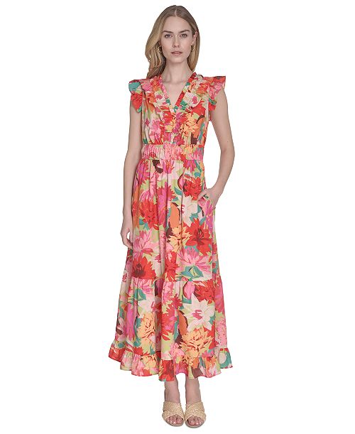 Vince Camuto Women's Floral-Print Ruffled-Shoulder Dress Women's Fashion Shoes & Accessories