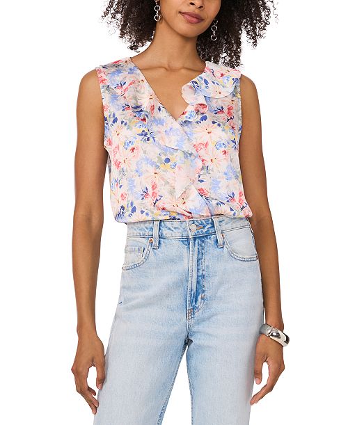 Vince Camuto Women's Floral-Print Ruffled Sleeveless Top Women's Fashion Shoes & Accessories