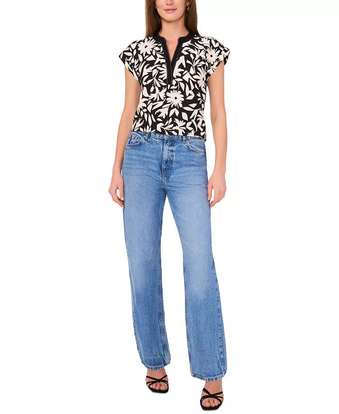 Vince Camuto Women's Floral-Print Split-Neck Cap-Sleeve Top Women's Fashion Shoes & Accessories
