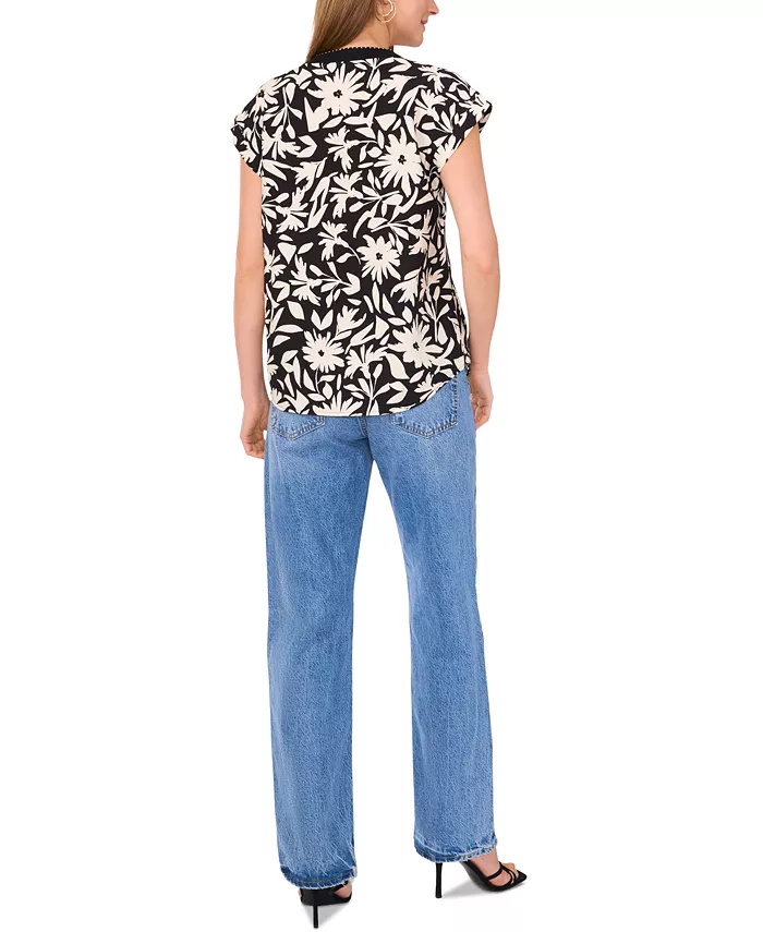 Vince Camuto Women's Floral-Print Split-Neck Cap-Sleeve Top Women's Fashion Shoes & Accessories
