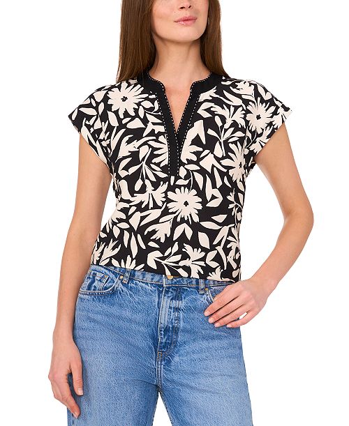 Vince Camuto Women's Floral-Print Split-Neck Cap-Sleeve Top Women's Fashion Shoes & Accessories