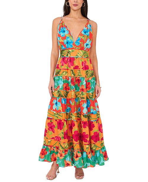Vince Camuto Women's Floral-Print Tiered Deep V-Neck Dress Women's Fashion Shoes & Accessories