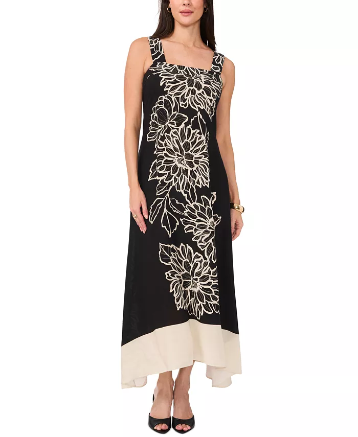 Vince Camuto Women's Floral Square-Neck Smocked-Back Sleeveless Maxi Dress Women's Fashion Shoes & Accessories