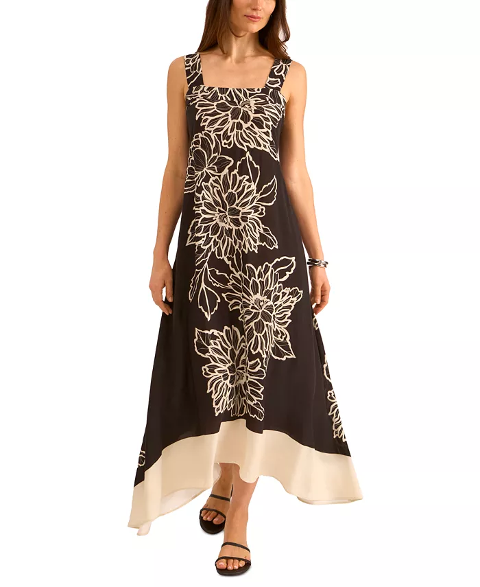 Vince Camuto Women's Floral Square-Neck Smocked-Back Sleeveless Maxi Dress Women's Fashion Shoes & Accessories