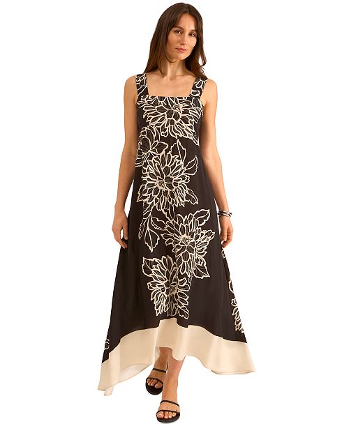 Vince Camuto Women's Floral Square-Neck Smocked-Back Sleeveless Maxi Dress Women's Fashion Shoes & Accessories