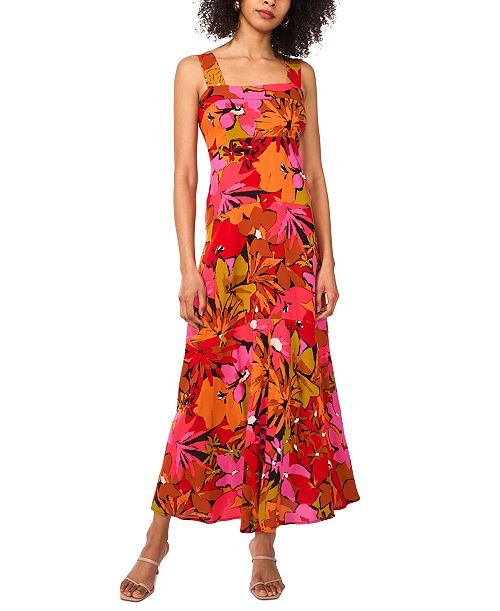Vince Camuto Women's Floral Square-Neck Smocked-Back Sleeveless Maxi Dress Women's Fashion Shoes & Accessories