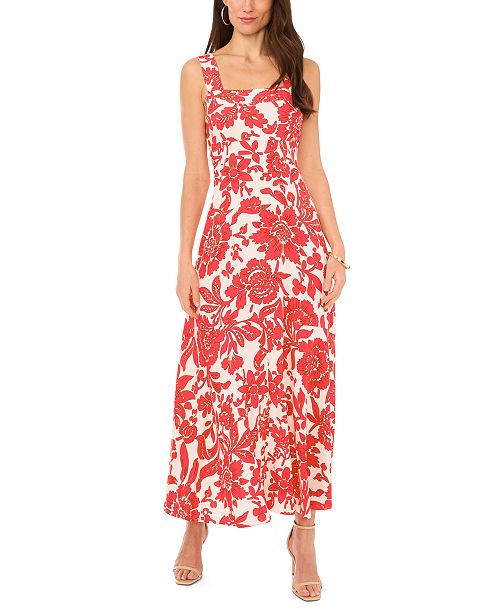 Vince Camuto Women's Floral Square-Neck Smocked-Back Sleeveless Maxi Dress Women's Fashion Shoes & Accessories
