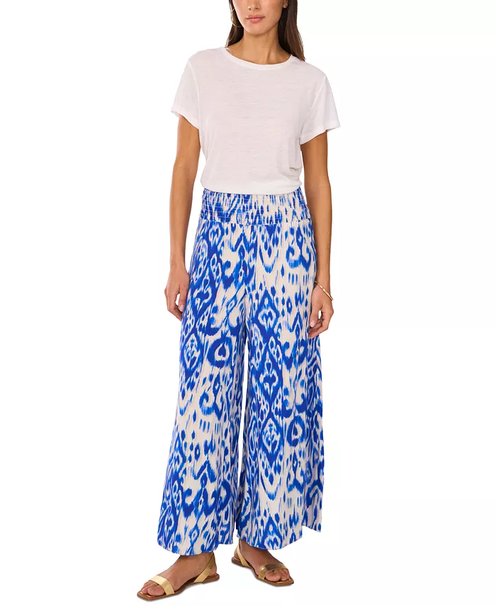 Vince Camuto Women's Ikat-Print Smocked-Waist Pull-On Wide-Leg Pants Women's Fashion Shoes & Accessories