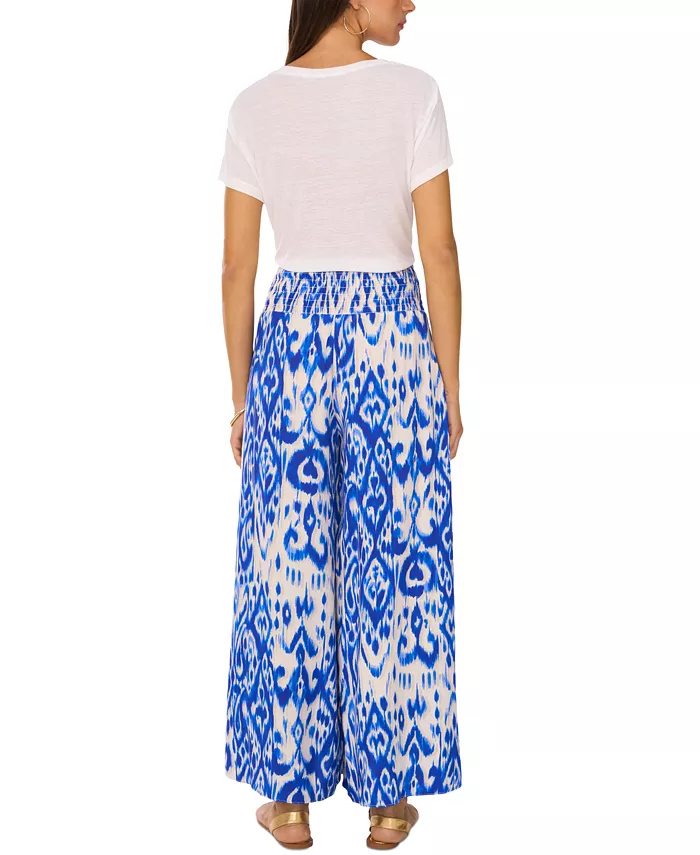 Vince Camuto Women's Ikat-Print Smocked-Waist Pull-On Wide-Leg Pants Women's Fashion Shoes & Accessories