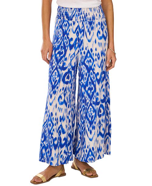 Vince Camuto Women's Ikat-Print Smocked-Waist Pull-On Wide-Leg Pants Women's Fashion Shoes & Accessories