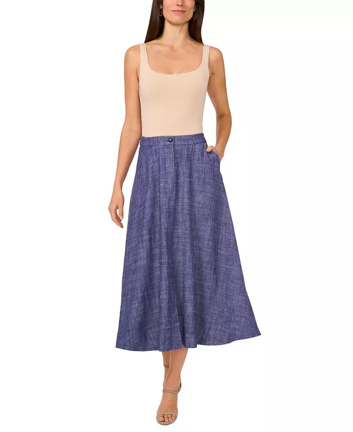 Vince Camuto Women's Linen-Blend Chambray Midi Skirt Women's Fashion Shoes & Accessories