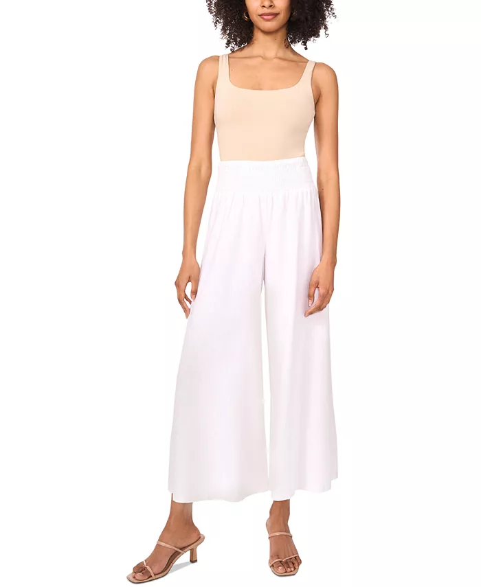 Vince Camuto Women's Linen Blend Smocked Waist Cropped Wide Leg Pants Women's Fashion Shoes & Accessories