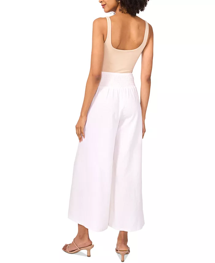 Vince Camuto Women's Linen Blend Smocked Waist Cropped Wide Leg Pants Women's Fashion Shoes & Accessories