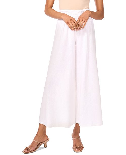 Vince Camuto Women's Linen Blend Smocked Waist Cropped Wide Leg Pants Women's Fashion Shoes & Accessories