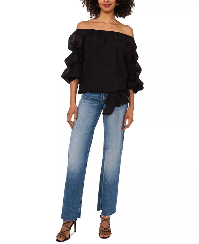 Vince Camuto Women's Paisley-Print Off-The-Shoulder Bubble 3/4-Sleeve Tie-Front Blouse Women's Fashion Shoes & Accessories