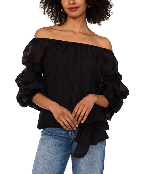 Vince Camuto Women's Paisley-Print Off-The-Shoulder Bubble 3/4-Sleeve Tie-Front Blouse Women's Fashion Shoes & Accessories