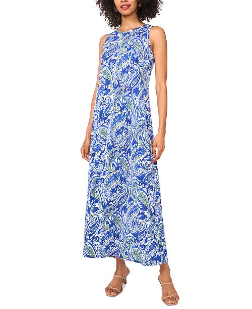 Vince Camuto Women's Paisley-Print Sleeveless Keyhole-Back Crewneck Maxi Dress Women's Fashion Shoes & Accessories