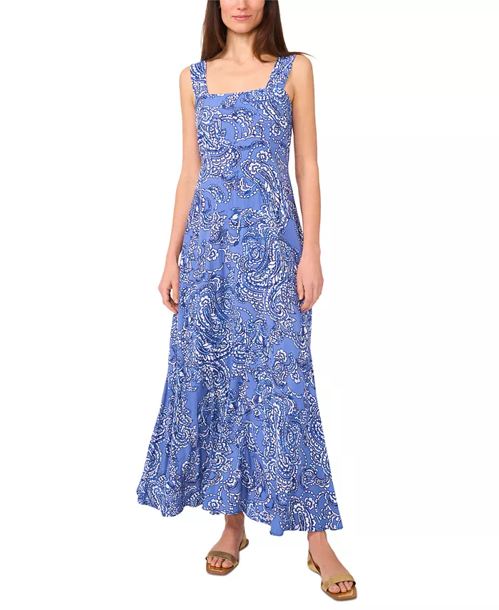 Vince Camuto Women's Paisley-Print Square-Neck Smocked-Back Sleeveless Maxi Dress Women's Fashion Shoes & Accessories