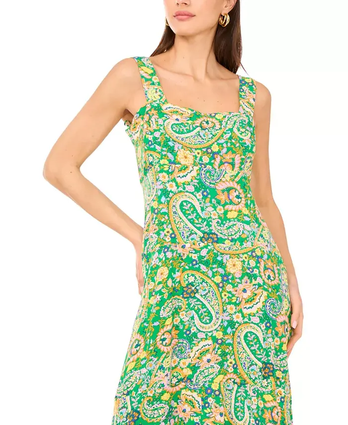 Vince Camuto Women's Paisley- Print Square-Neck Smocked-Back Sleeveless Maxi Dress Women's Fashion Shoes & Accessories