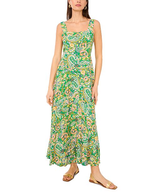 Vince Camuto Women's Paisley- Print Square-Neck Smocked-Back Sleeveless Maxi Dress Women's Fashion Shoes & Accessories