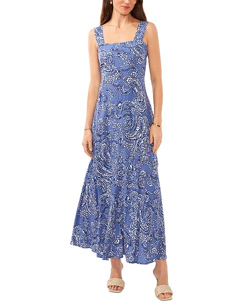 Vince Camuto Women's Paisley-Print Square-Neck Smocked-Back Sleeveless Maxi Dress Women's Fashion Shoes & Accessories