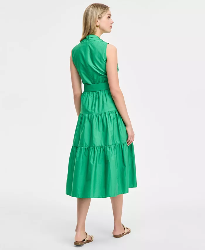 Vince Camuto Women's Pleat-Neck Cotton Sleeveless Dress Women's Fashion Shoes & Accessories