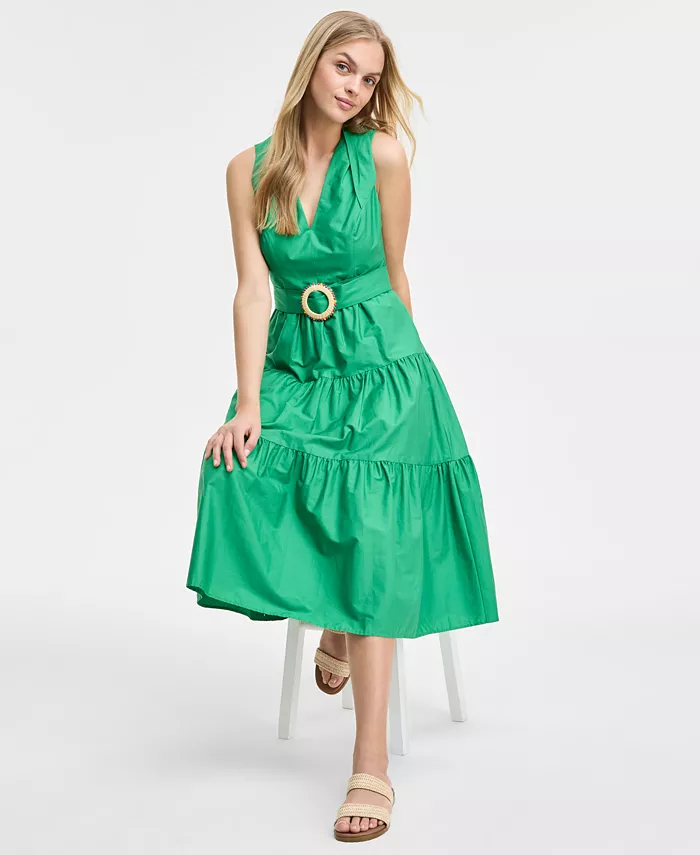 Vince Camuto Women's Pleat-Neck Cotton Sleeveless Dress Women's Fashion Shoes & Accessories