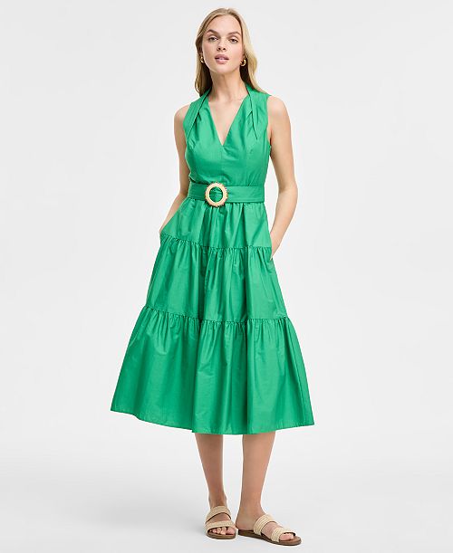 Vince Camuto Women's Pleat-Neck Cotton Sleeveless Dress Women's Fashion Shoes & Accessories