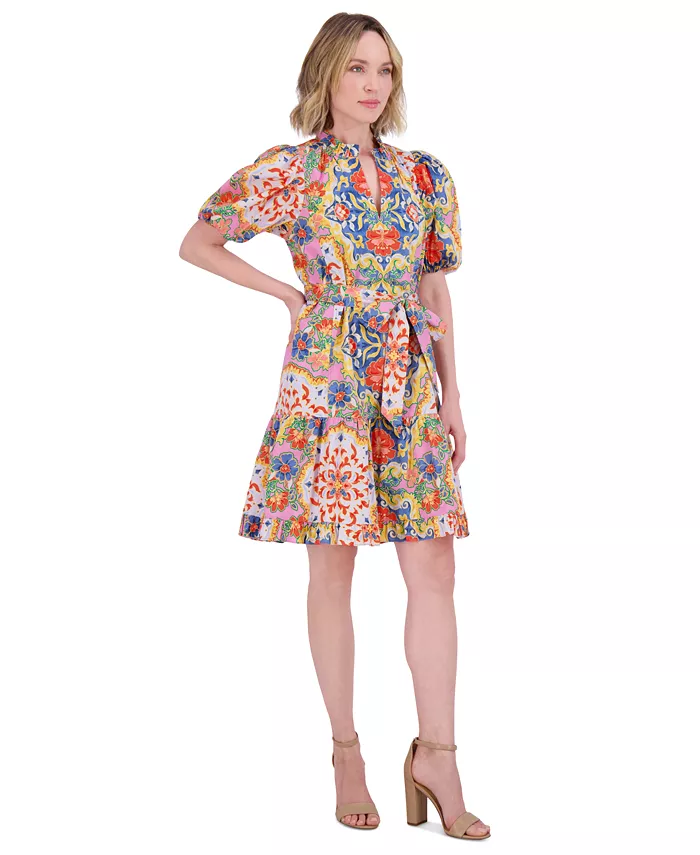 Vince Camuto Women's Printed Cotton Tie-Waist A-Line Dress Women's Fashion Shoes & Accessories