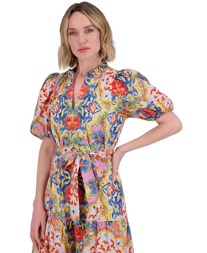Vince Camuto Women's Printed Cotton Tie-Waist A-Line Dress Women's Fashion Shoes & Accessories