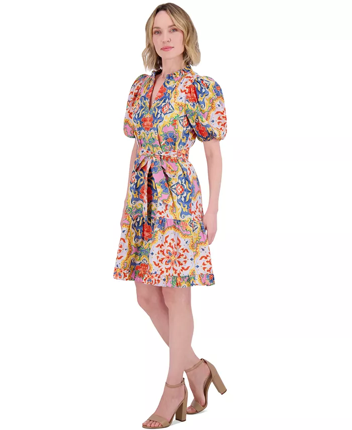 Vince Camuto Women's Printed Cotton Tie-Waist A-Line Dress Women's Fashion Shoes & Accessories